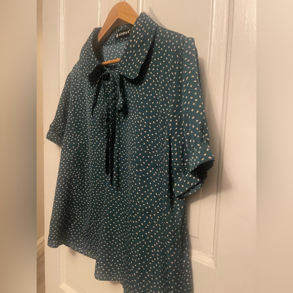 NWT Allegra K Teal and White Polka Dot Blouse - Picture 6 of 14